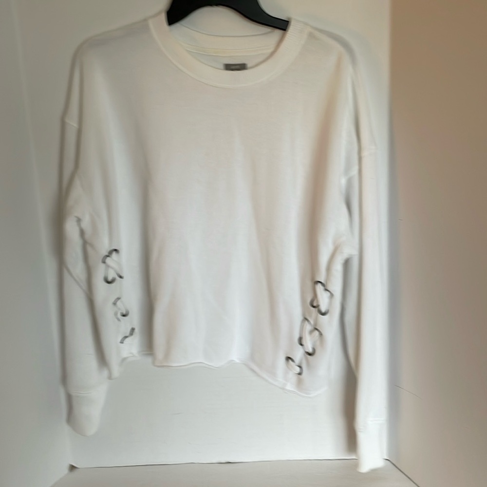Aerie white cropped “X” detail sweatshirt with raw hem  ladies size M